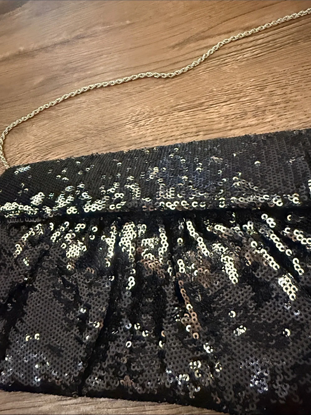 White House Black Market Black Sequin Clutch with silver chain strap - Picture 2 of 8